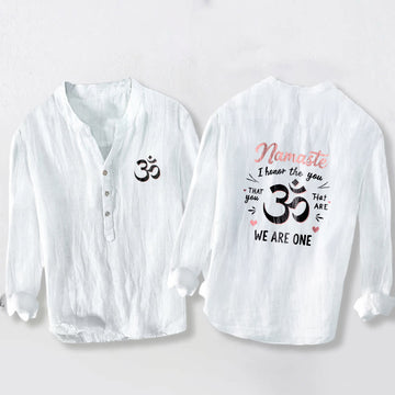 "Namaste I Honor the You" Om Pattern Half Buttons Men's Cotton Linen Long Sleeve Shirt