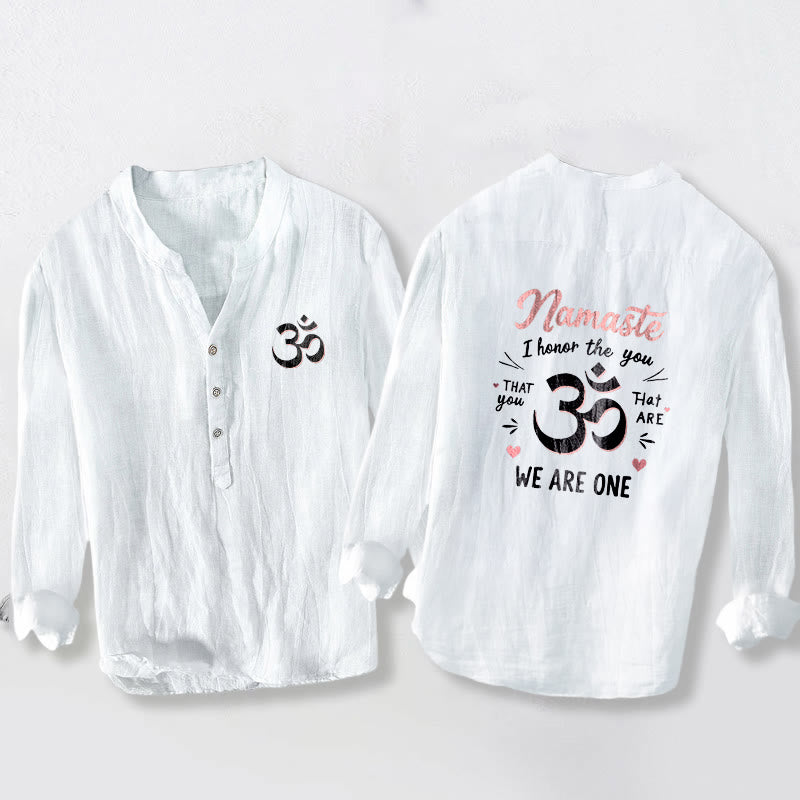 "Namaste I Honor the You" Om Pattern Half Buttons Men's Cotton Linen Long Sleeve Shirt