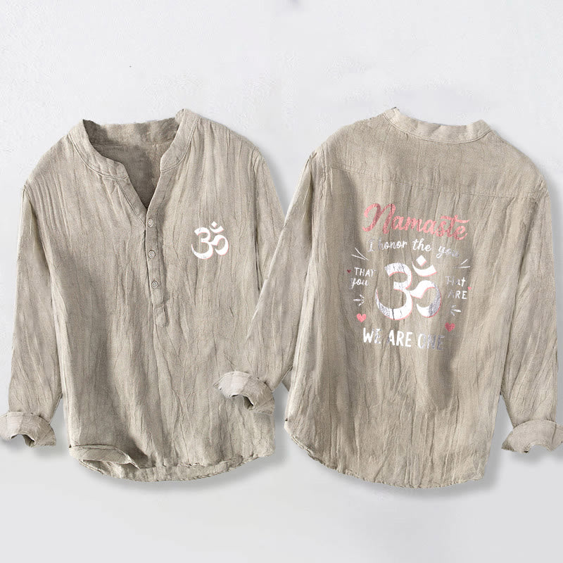 "Namaste I Honor the You" Om Pattern Half Buttons Men's Cotton Linen Long Sleeve Shirt