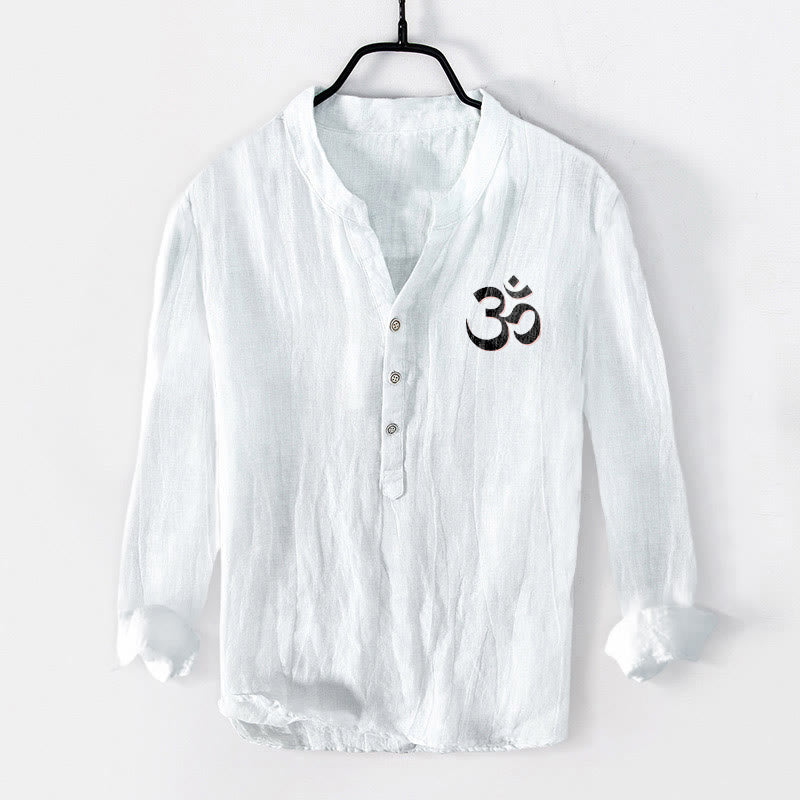 "Namaste I Honor the You" Om Pattern Half Buttons Men's Cotton Linen Long Sleeve Shirt