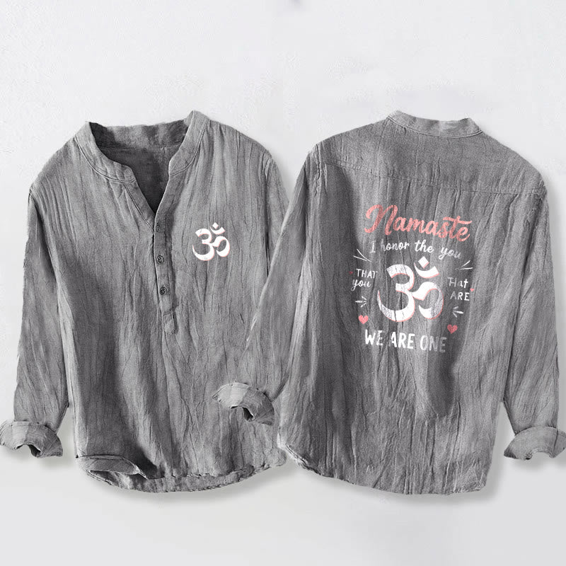 "Namaste I Honor the You" Om Pattern Half Buttons Men's Cotton Linen Long Sleeve Shirt