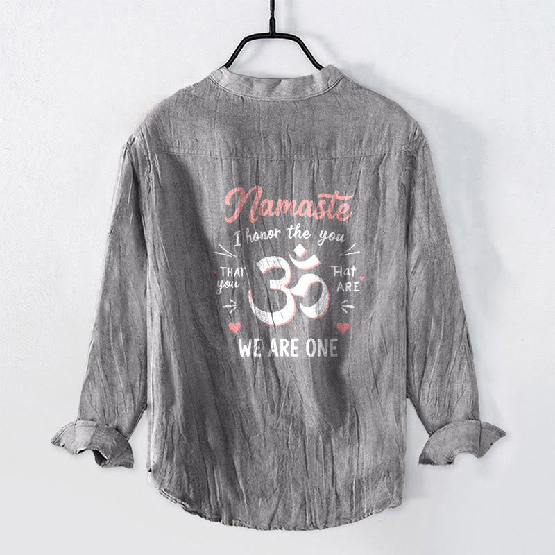 "Namaste I Honor the You" Om Pattern Half Buttons Men's Cotton Linen Long Sleeve Shirt
