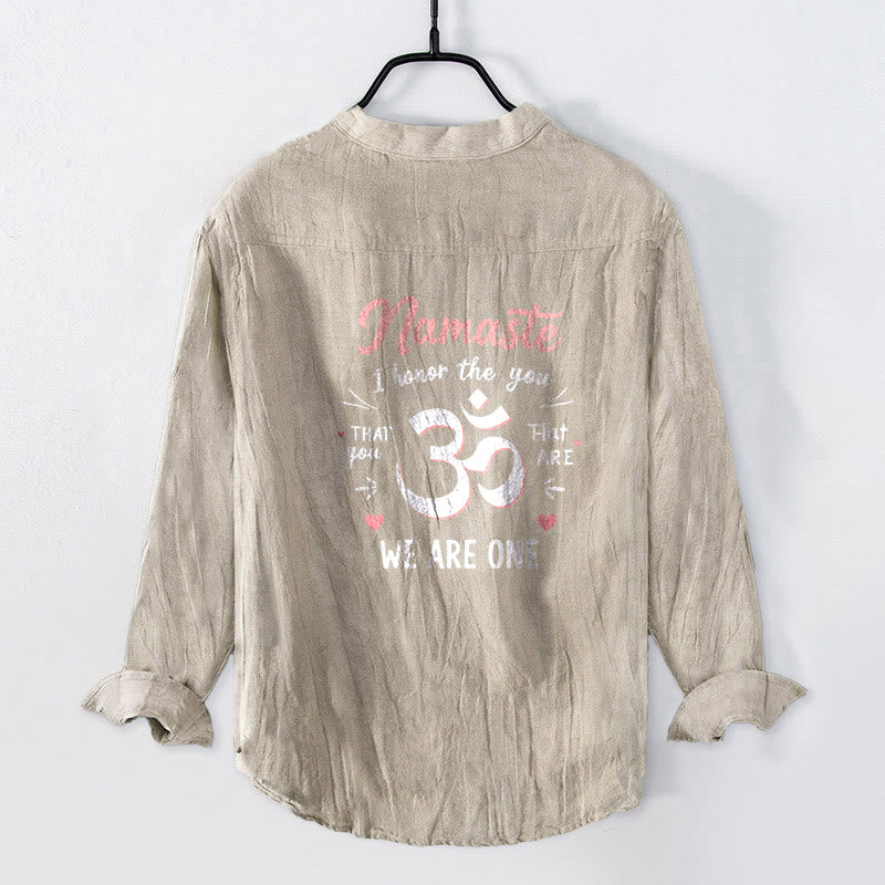 "Namaste I Honor the You" Om Pattern Half Buttons Men's Cotton Linen Long Sleeve Shirt