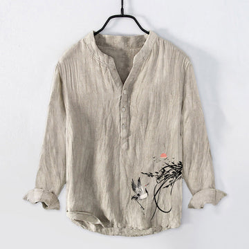 Rising Sun Crane Branches Pattern Half Buttons Men's Cotton Linen Long Sleeve Shirt