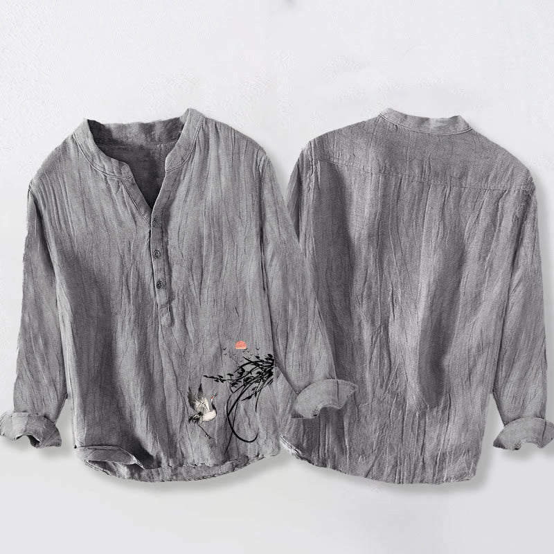 Rising Sun Crane Branches Pattern Half Buttons Men's Cotton Linen Long Sleeve Shirt