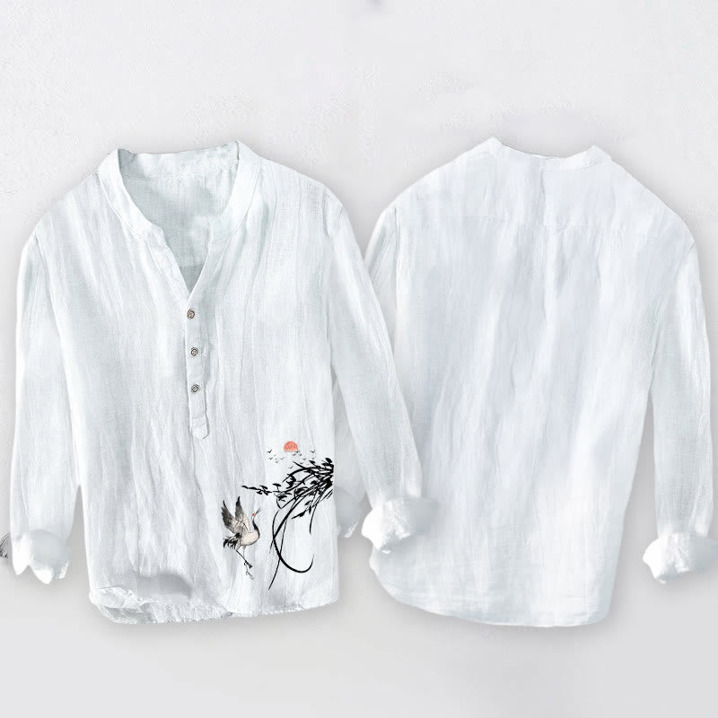 Rising Sun Crane Branches Pattern Half Buttons Men's Cotton Linen Long Sleeve Shirt