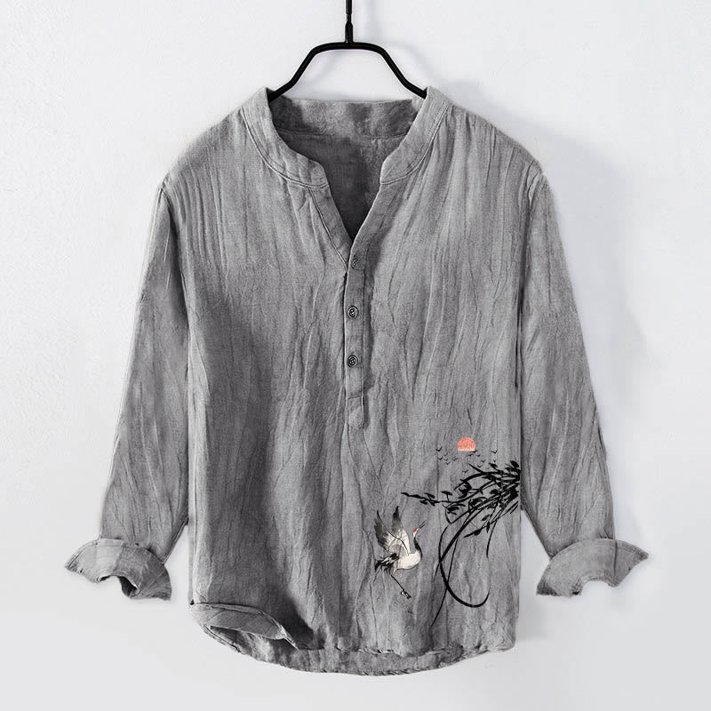 Rising Sun Crane Branches Pattern Half Buttons Men's Cotton Linen Long Sleeve Shirt