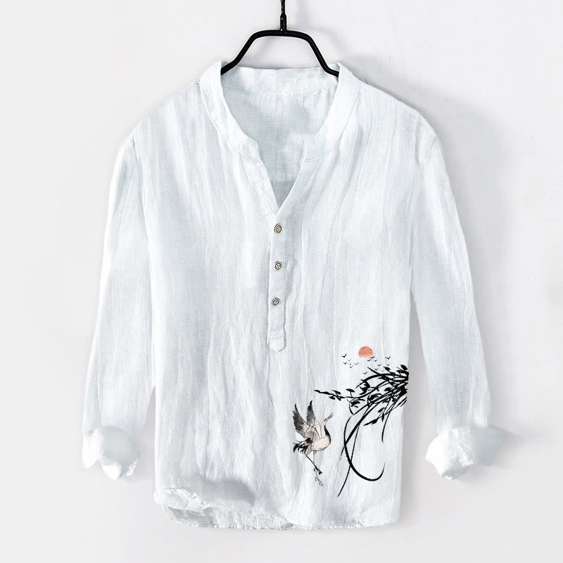 Rising Sun Crane Branches Pattern Half Buttons Men's Cotton Linen Long Sleeve Shirt