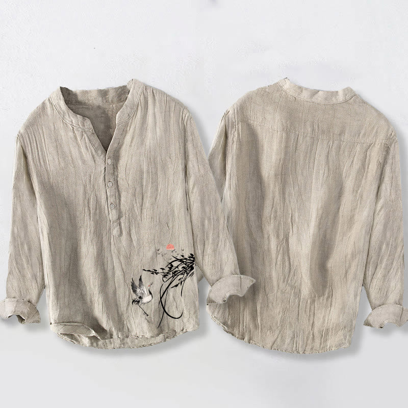 Rising Sun Crane Branches Pattern Half Buttons Men's Cotton Linen Long Sleeve Shirt