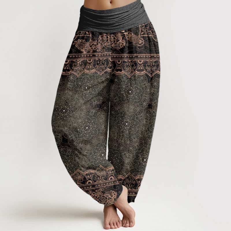 Pure Cotton Elegant Mandala Flowers Design Women's Elastic Waist Harem Pants
