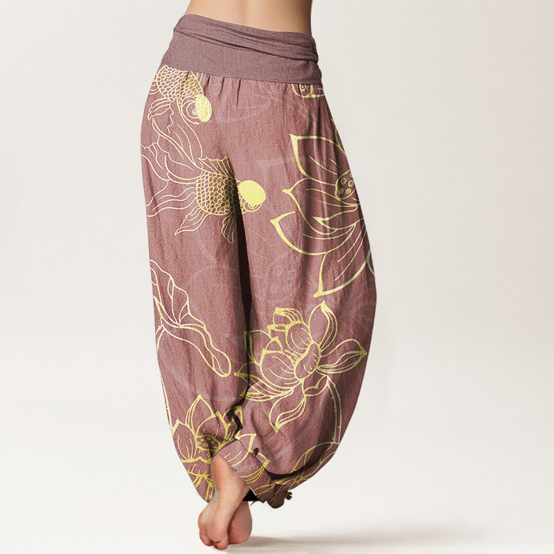 Pure Cotton Lotus Leaf Koi Fish Women's Elastic Waist Harem Pants