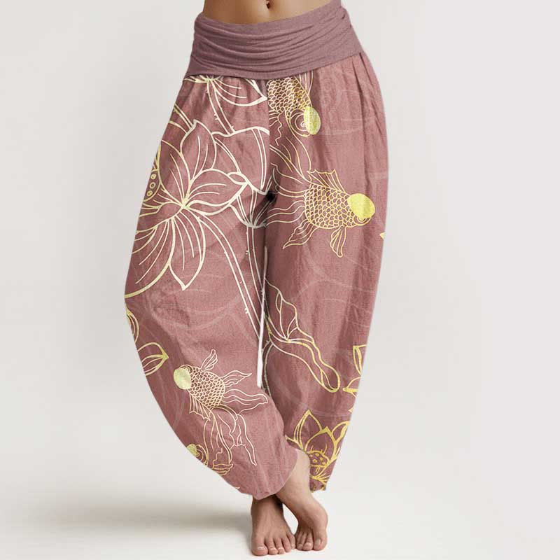 Pure Cotton Lotus Leaf Koi Fish Women's Elastic Waist Harem Pants