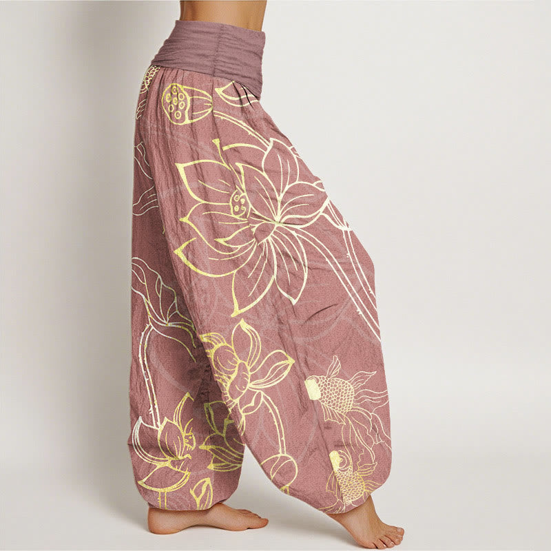 Pure Cotton Lotus Leaf Koi Fish Women's Elastic Waist Harem Pants