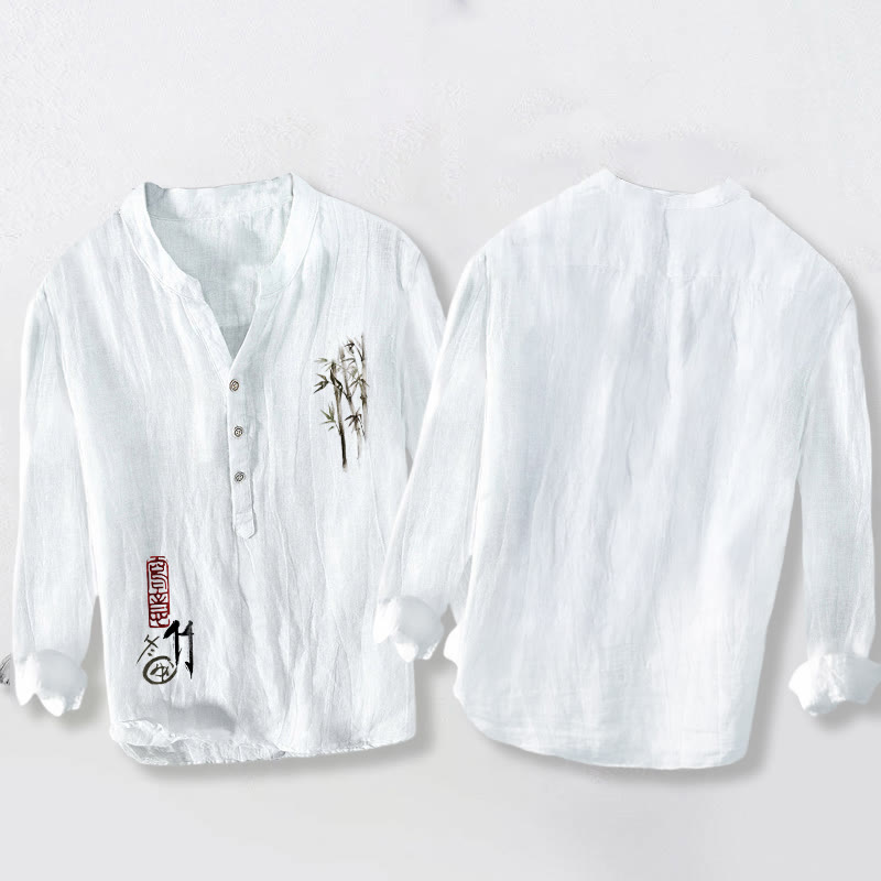 Tactile Cotton Linen Stand Collar Bamboo Print Men's Meditation Shirt