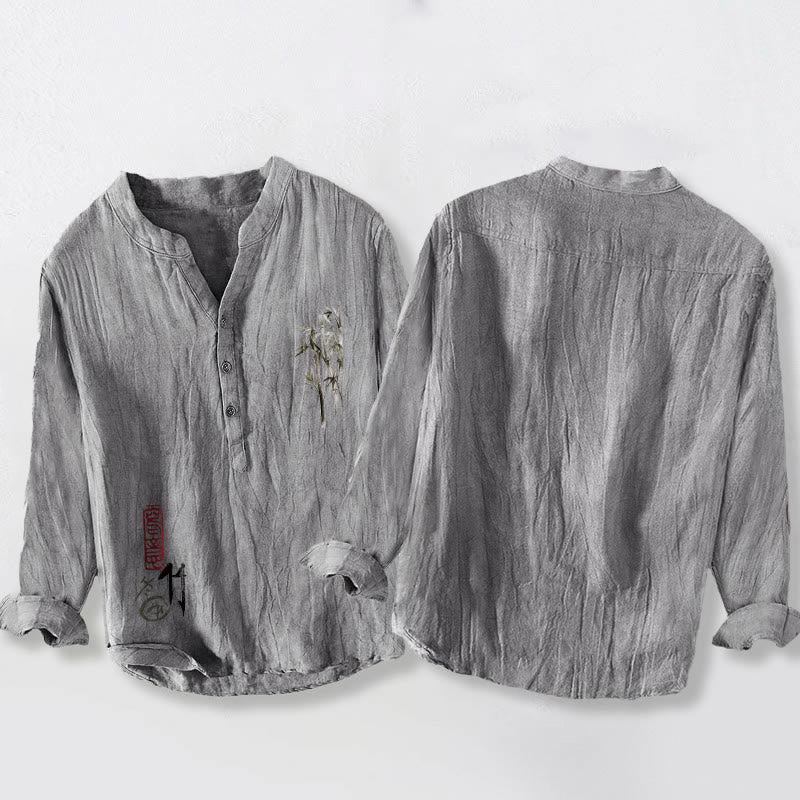 Tactile Cotton Linen Stand Collar Bamboo Print Men's Meditation Shirt