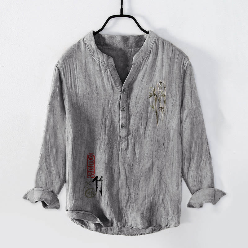 Tactile Cotton Linen Stand Collar Bamboo Print Men's Meditation Shirt