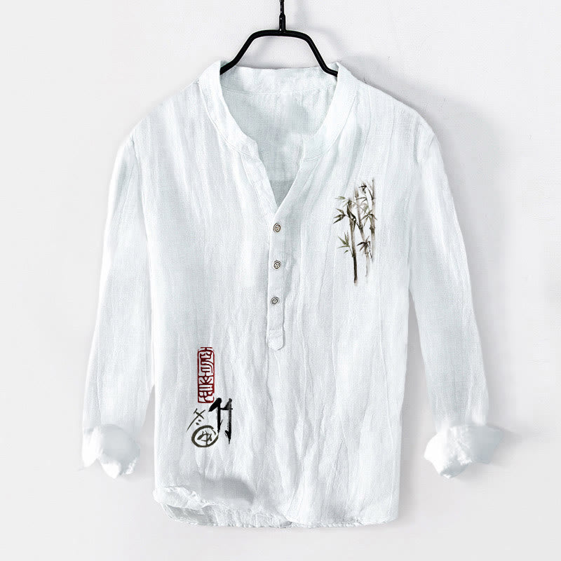 Tactile Cotton Linen Stand Collar Bamboo Print Men's Meditation Shirt