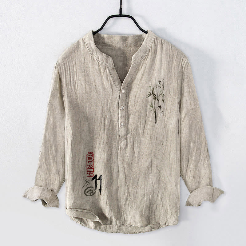 Tactile Cotton Linen Stand Collar Bamboo Print Men's Meditation Shirt