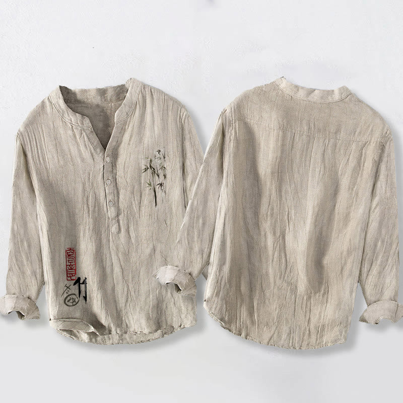 Tactile Cotton Linen Stand Collar Bamboo Print Men's Meditation Shirt