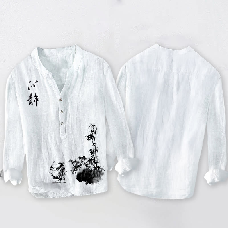 Cotton Linen Stand Collar Mindful Calligraphy Men's Shirt