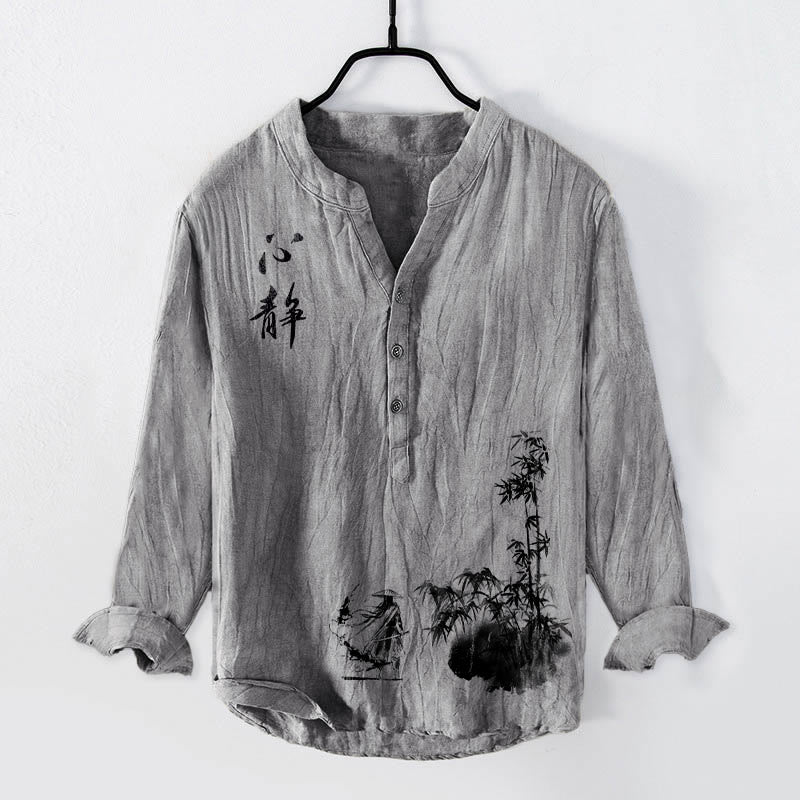 Cotton Linen Stand Collar Mindful Calligraphy Men's Shirt