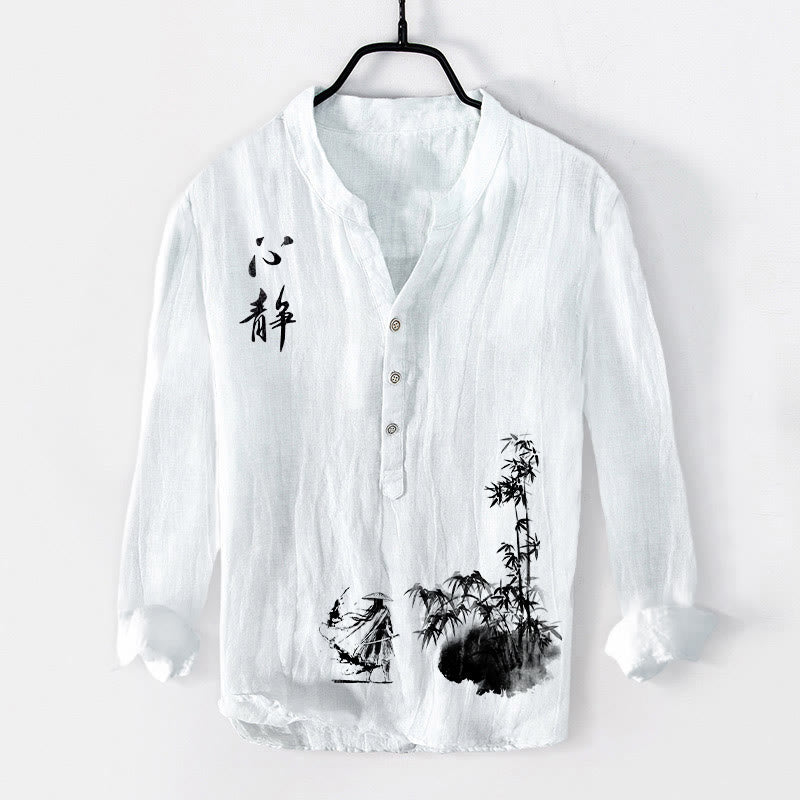 Cotton Linen Stand Collar Mindful Calligraphy Men's Shirt