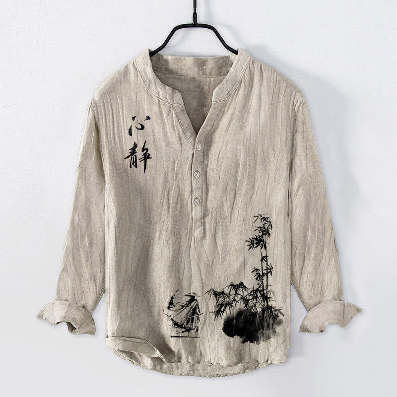 Cotton Linen Stand Collar Mindful Calligraphy Men's Shirt