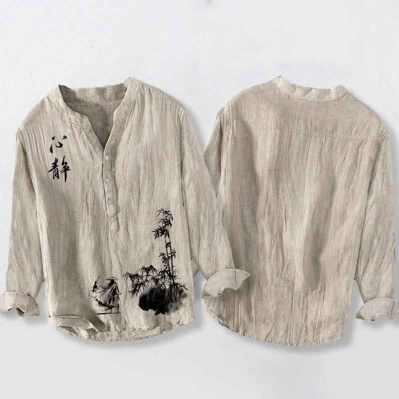 Cotton Linen Stand Collar Mindful Calligraphy Men's Shirt