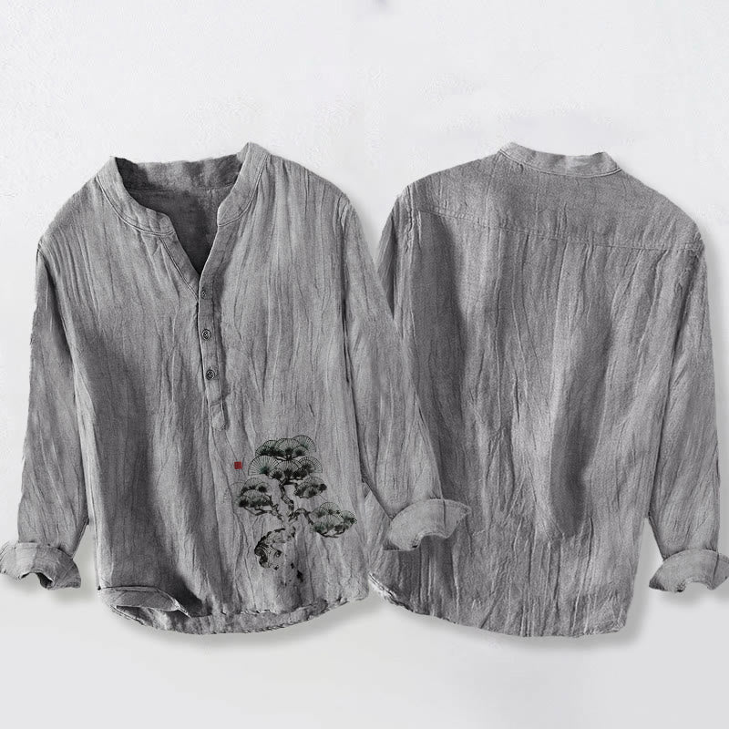 Tactile Cotton Linen Stand Collar Pine Print Men's Shirt