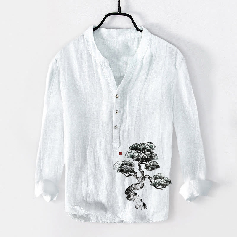 Tactile Cotton Linen Stand Collar Pine Print Men's Shirt