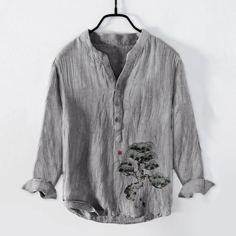 Tactile Cotton Linen Stand Collar Pine Print Men's Shirt
