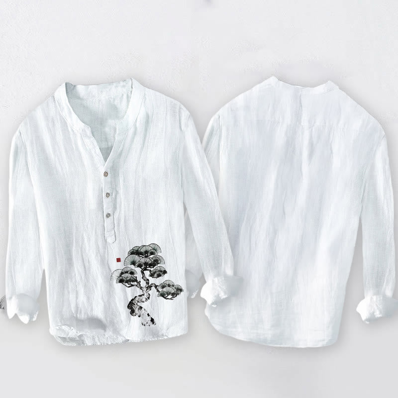 Tactile Cotton Linen Stand Collar Pine Print Men's Shirt
