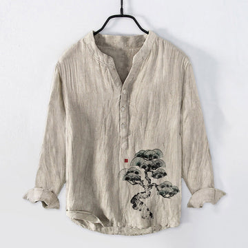 Tactile Cotton Linen Stand Collar Pine Print Men's Shirt