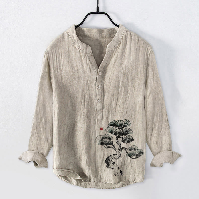 Tactile Cotton Linen Stand Collar Pine Print Men's Shirt