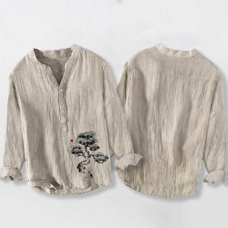 Tactile Cotton Linen Stand Collar Pine Print Men's Shirt