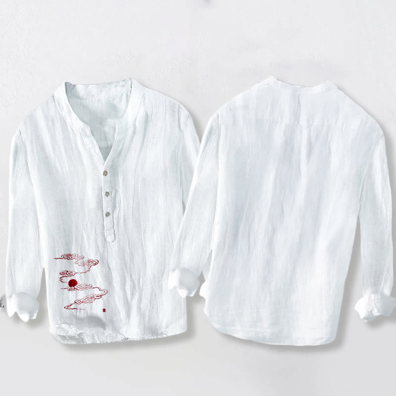 Tactile Cotton Linen Stand Collar Symbolic Print Men's Shirt
