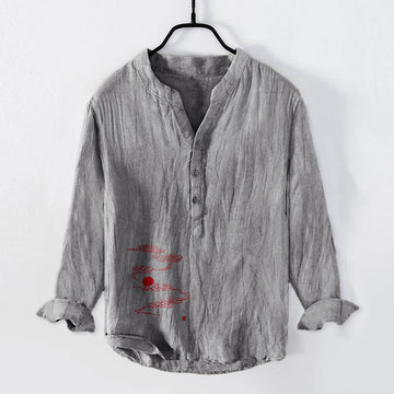 Tactile Cotton Linen Stand Collar Symbolic Print Men's Shirt