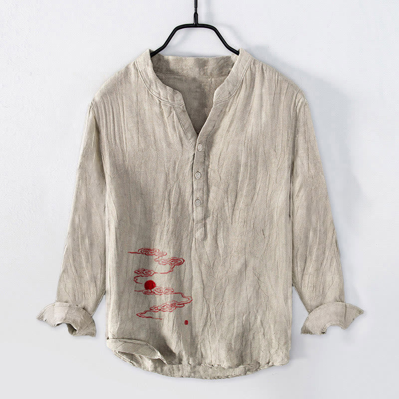 Tactile Cotton Linen Stand Collar Symbolic Print Men's Shirt