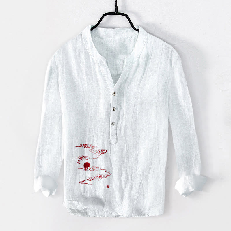 Tactile Cotton Linen Stand Collar Symbolic Print Men's Shirt