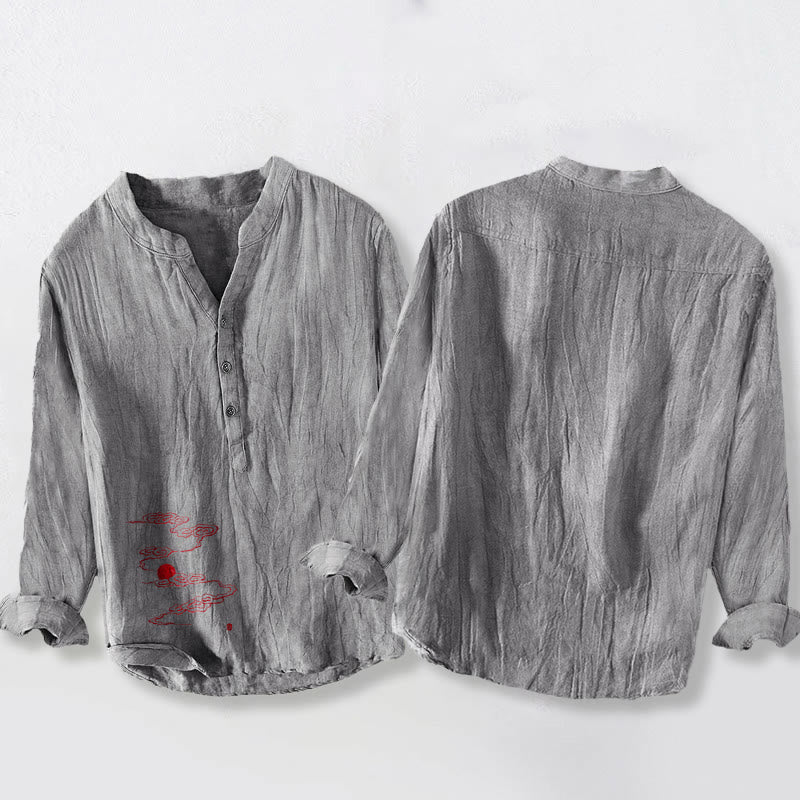 Tactile Cotton Linen Stand Collar Symbolic Print Men's Shirt