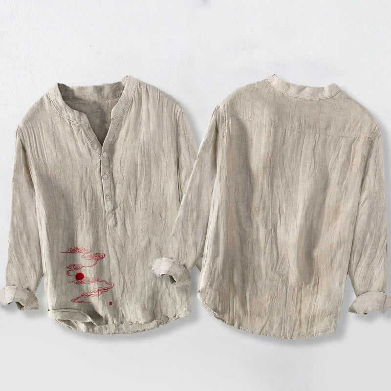 Tactile Cotton Linen Stand Collar Symbolic Print Men's Shirt
