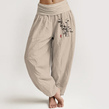 Cotton Bamboo Print Elastic Waist Meditation Harem Pants