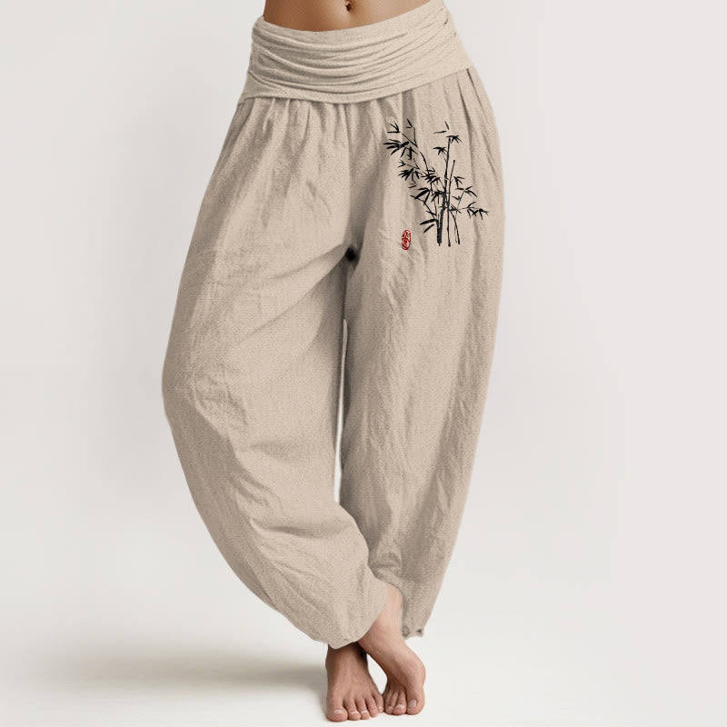 Cotton Bamboo Print Elastic Waist Meditation Harem Pants