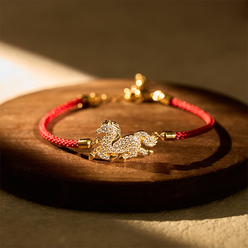 18K Gold Plated 925 Sterling Silver Red String Horse Bracelet with Zircon