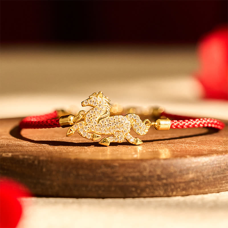18K Gold Plated 925 Sterling Silver Red String Horse Bracelet with Zircon