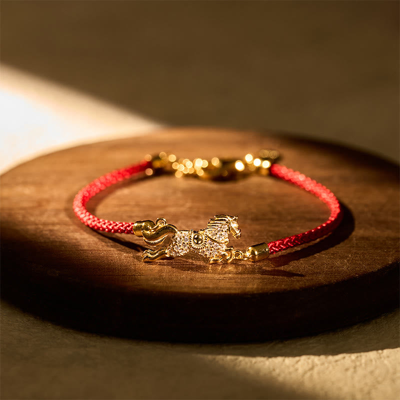 Chinese Zodiac Year Of The Horse 925 Sterling Silver Golden Red String Luck Bracelet