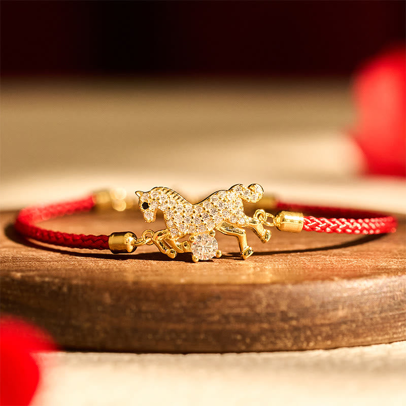 925 Sterling Silver & Gold Zircon Horse Adjustable Red String Bracelet