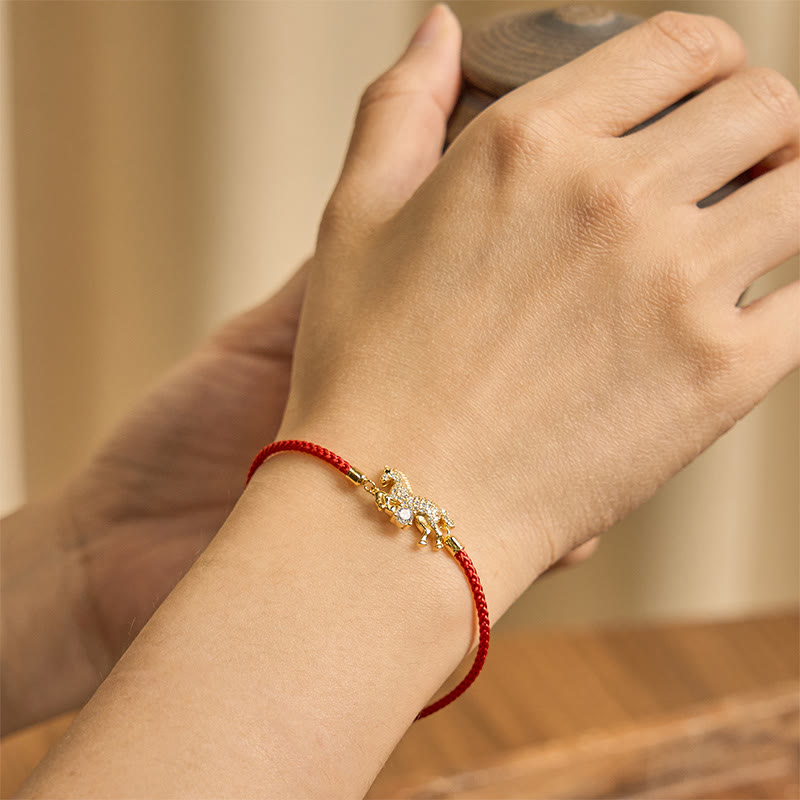 925 Sterling Silver & Gold Zircon Horse Adjustable Red String Bracelet