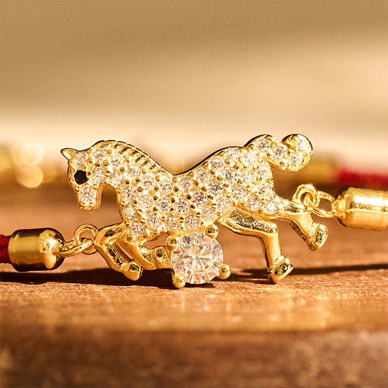 925 Sterling Silver & Gold Zircon Horse Adjustable Red String Bracelet