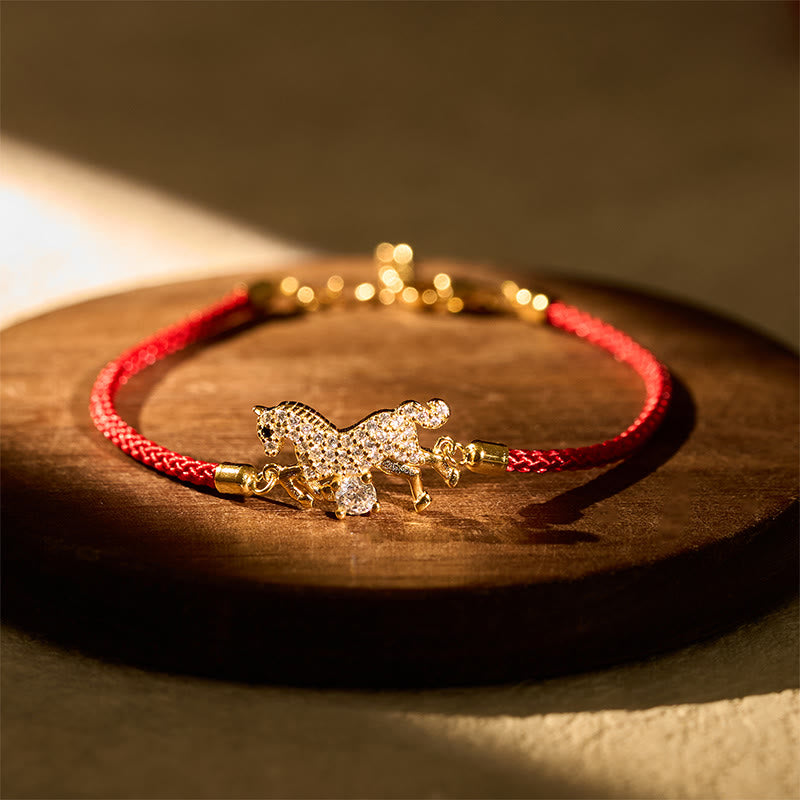 925 Sterling Silver & Gold Zircon Horse Adjustable Red String Bracelet